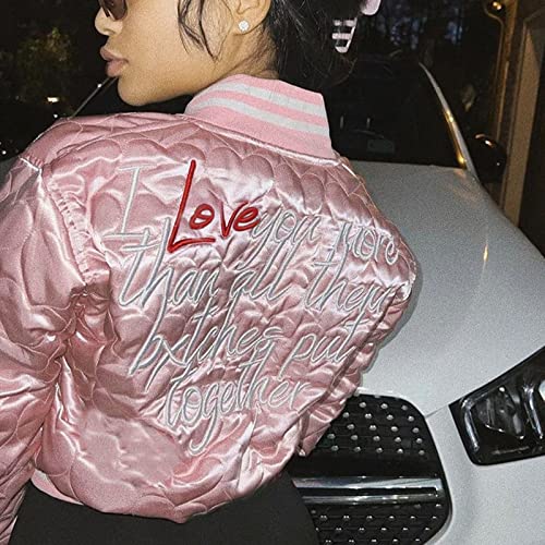 Women's Baseball Varsity Jacket Cropped Bomber Quilted Jackets Sweatshirt Vintage Casual Lightweight Crop Top Aesthetic Coat Pink #TOP3