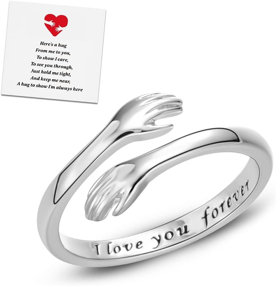 RINHOO FRIENDSHIP Hug Rings for Women Silver Hugging Hands Ring Adjustable 14K Gold Plated Daughter Rings from Mom Jewelry for Couples