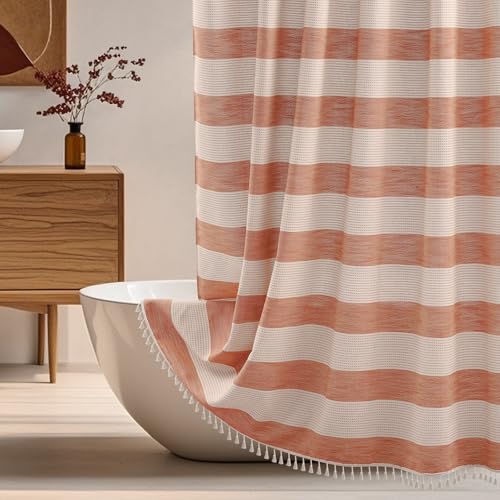 Boho Farmhouse Thick Shower Curtain with Tassels, Rustic Rusty Red Cotton Linen Soft Fabric Shower Curtain Water Repellent, Shabby Chic Heavyweight Striped Shower Curtains for Bathroom Strip