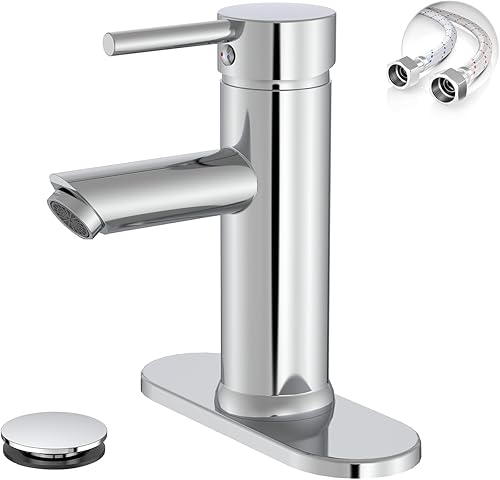 Miniatura 11 de Grifo de lavabo de baño de oro cepillado, grifos de baño de una sola manija, grifo de lavabo de baño con placa de cubierta y drenaje desplegable,