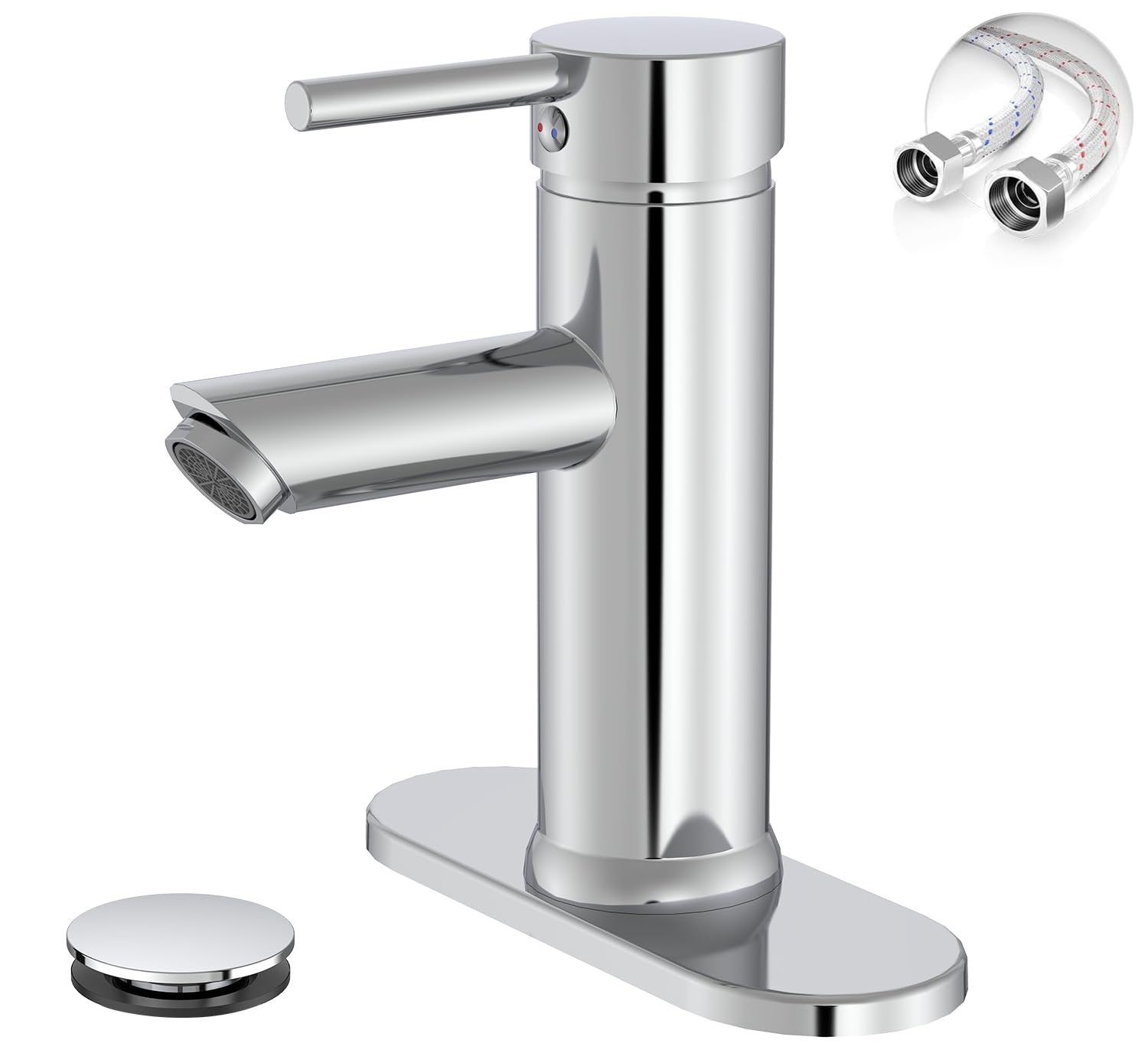 Chrome Bathroom Faucets, Single Handle Bathroom Faucet 1 Hole Bathroom Sink Faucet Modern Commercial Lavatory Vanity Faucet with Cover Plate Pop Up Drain with Overflow Included, Brass