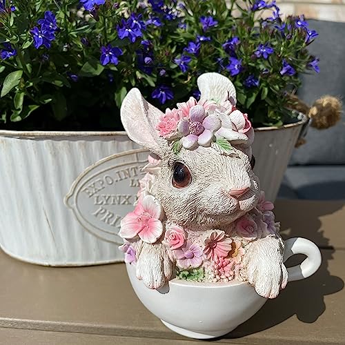 OF Süsse Gartenfiguren für außen - Hase, Schwein, Schaf, Lamm mit Blumenwiese - Garten Deko Tiere Figuren - 15 cm groß (Häschen)