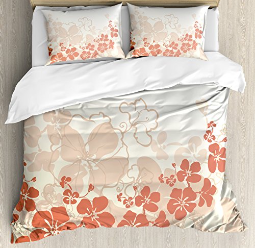 Ambesonne Hawaiian Duvet Cover Set, Hawaii Flowers Silhouette Tropical Plants Ornamental Floral Illustration, Decorative 3 Piece Bedding Set with 2 Pillow Shams, Queen Size, Fuchsia Salmon
