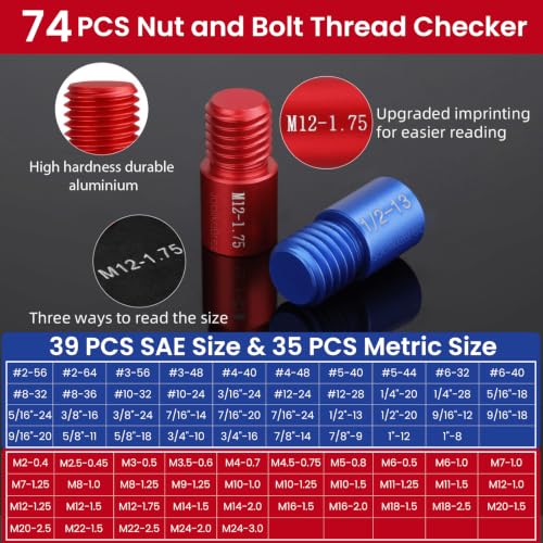 Image of Thread Checker, 74pcs Nut and Bolt Thread Checker, 39 Inch & 35 Metric Box Set Thread Gauge, Thread Checker Standard and Metric Suitable for Size Checker of Bolts or Nuts in Narrow Areas