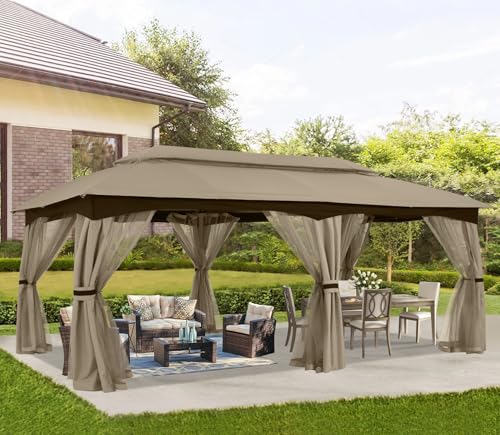 ABCCANOPY Outdoor Patio Gazebo 10x20 - Double Roof Canopy with Mosquito Netting for Backyard, Deck, Garden, Lawn, Khaki