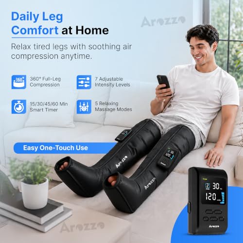 Image of AROZZO Air Compression Leg & Foot Massager Machine for Pain Relief | 4000mAh Cordless Feet Massager with 240mmHg Pressure & 5 Air Chambers | 2 Controllers, 5Modes , 7 Intensities for Muscle Relaxation (1 Year Warranty)