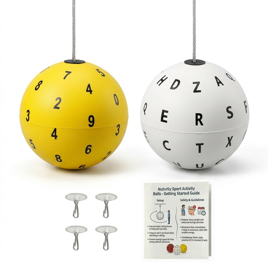 Nutvrliy Dual Marsden Ball Kit for Visual Training – Yellow Number & White Letter Training Balls on String with Hooks – Home Vision Tool for Cognitive