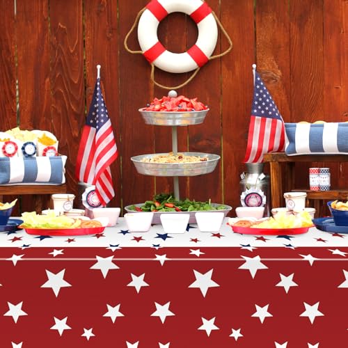 Image of Gistome 3 Pack 54 x 108 Inch 4th of July Plastic Tablecloths, Red White Blue Stars Disposable Rectangle Table Covers for Independence Day Memorial Day Party Decorations