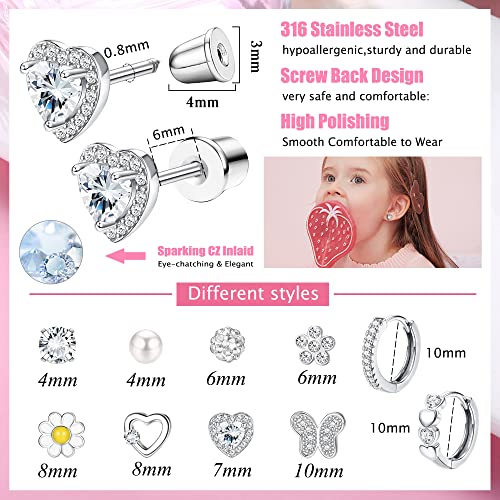 Hypoallergenic Screw Back Earrings for Girls Women Surgical Steel Earrings Cute Girls Earrings Set For Sensitive Ears10 Paris Colorful CZ Flower Butterfly Stud Hoop Earrings2