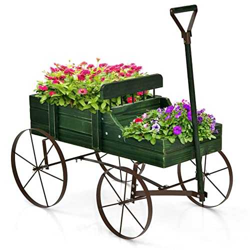 Wooden Garden Flower Planter Wagon Plant Bed W/Wheel Garden Yard Green