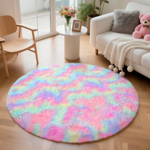 Rainbow Round Rug for Bedroom, 5Ft Fluffy Circle Area Rugs for Living Room, Shag Fuzzy Carpet for Kids Room, Nursery, Dorm, Classroom, Teen, Cute Baby Play Mat Home Decor Aesthetic