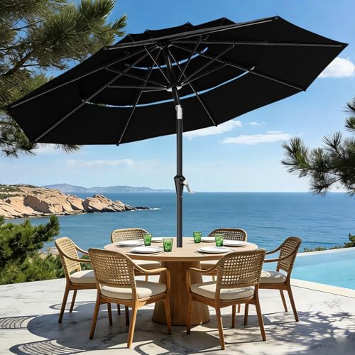 Image of AreShark 9ft 3-Tier Patio Umbrellas, Outdoor Umbrella with 8 Sturdy Ribs UV Protection Windproof, Market Table Umbrella w /Push Button Tilt & Crank for Pool, Porch, Deck, Garden(Black)