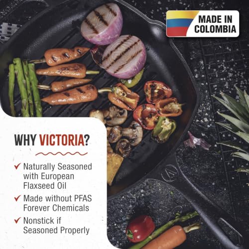 Image of Victoria Cast Iron Grill Pan, Square Grill Pan, Cast Iron Griddle Pan, Seasoned with 100% Kosher-Certified, Non-GMO Flaxseed Oil, Black, 10 Inches