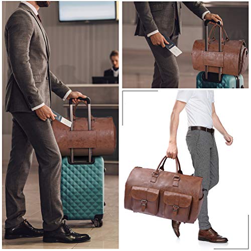 Carry On Garment Bag, Waterproof Mens Garment Bag for Travel Business, Large Leather Duffel Bag with Shoe Compartment -Brown