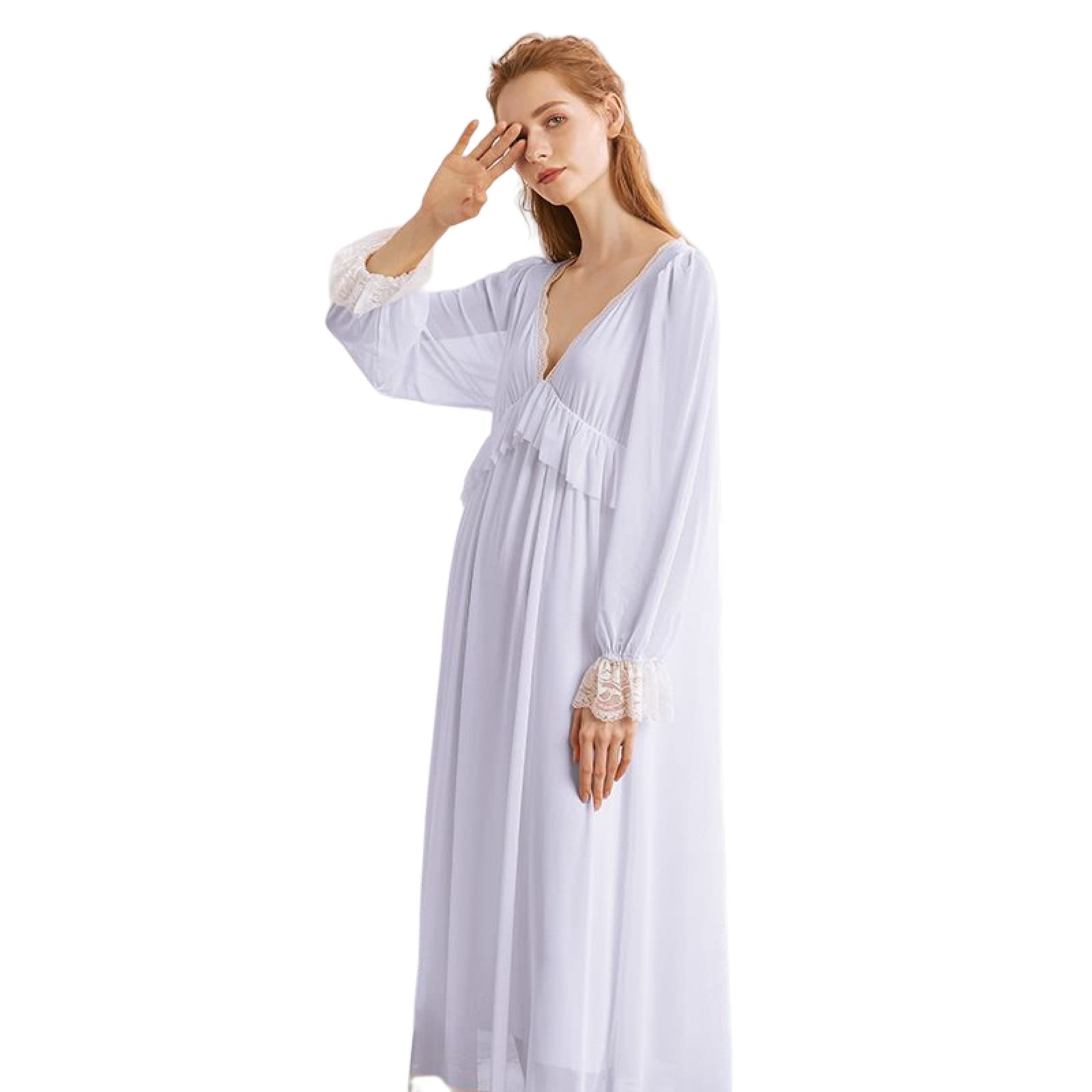OFFSUM Camisón De Pijama De Mujer - Sexy Encaje Cuello En V Camisón Vestido Primavera Verano Algodón Color Sólido Clásico Ropa De Dormir Casual Loungewear