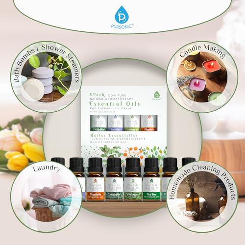 Pursonic Essential Oils Set - 8 Aromatherapy Oils Blends Gift Set - 10ml Pure Essential Oils for Diffusers, Home, Massage & Bath(Eucalyptus,Lavender,Lemongrass,Orange,Peppermint,Tea Tree,Wintergreen) - Thumbnail 6