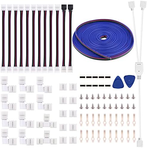 5050 4Pin LED Strip Connector Kit - 10mm RGB LED Connector Kit includes RGB Extension Cable, 12x LED Strip Jumper, 10x L Connectors, 2x T Connector, 10x Gapless Connectors, 20x LED Strip Clip