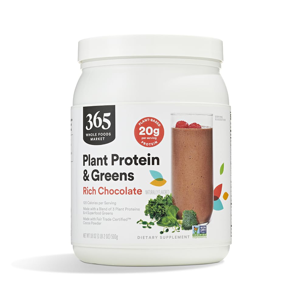 Whole Foods Market Suplemento de Proteína Vegetal e Verdes, Chocolate Intenso, 18 oz (510 g)
