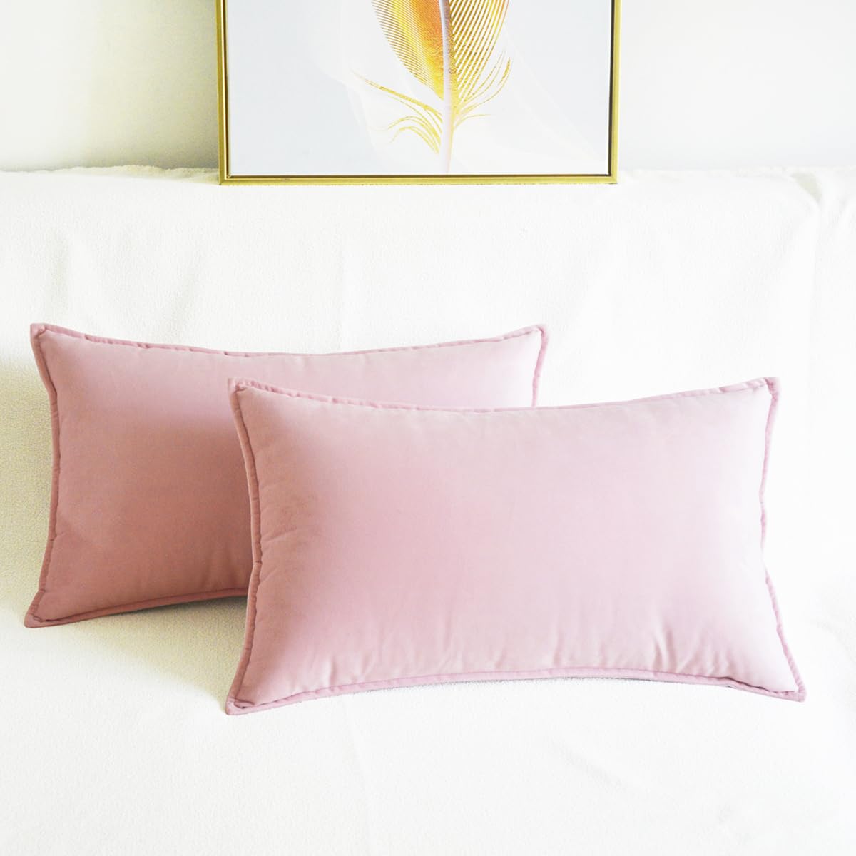 Lutanky Pale Pink Velvet Cushion Covers 30 x 50 cm Decorative Rectangle Throw Pillow Covers (Pack of 2) Soft Oblong Piped Pillowcases for Sofa Bedroom with Invisible Zipper 12x20 Inch - Image 2