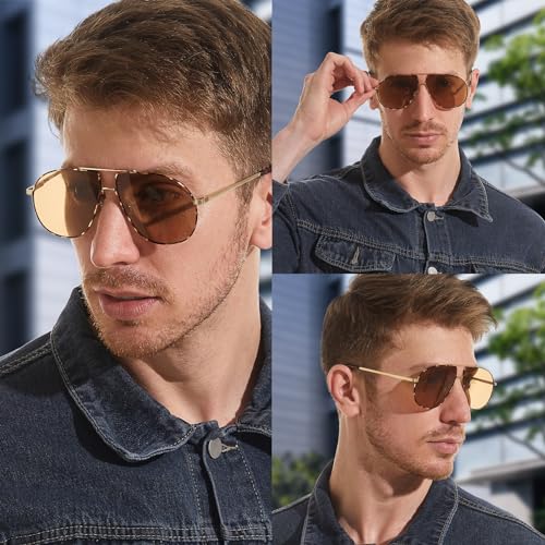 OUWEN Retro Oversized Aviator Sunglasses for Men, Vintage Designer 70s Shades UV Protection Sun Glasses OW22302