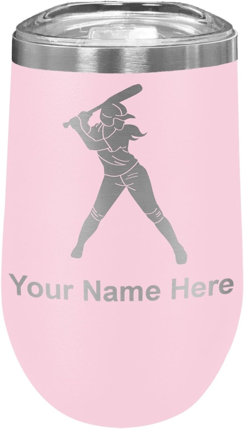LaserGram 16oz Double Wall Stainless Steel Wine Glass Tumbler, Softball Player Woman, Personalized Engraving Included (Black)