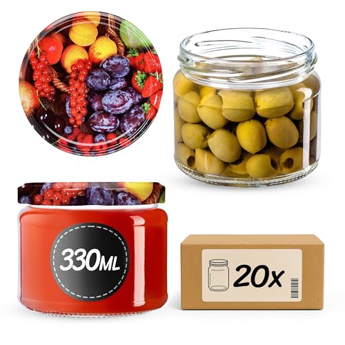 KADAX Lot de 20 bocaux à confiture avec couvercle à visser - 330 ml - Bocaux de conservation pour confitures, confitures, miel - Avec couvercle à visser (fruits)