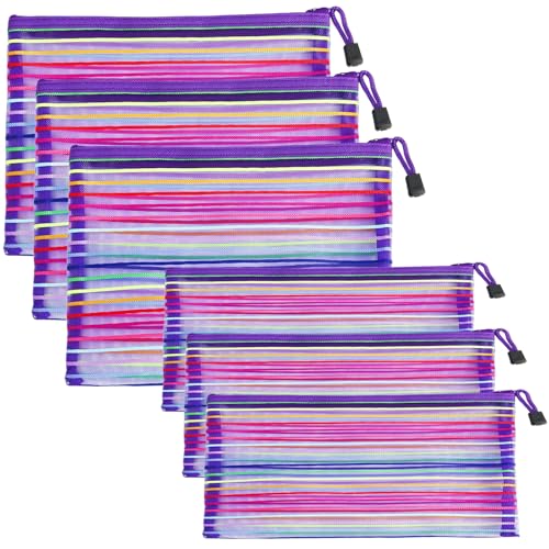 CarryEpic Mesh Bags with Zipper (6 Pack), Nylon Makeup Bag Cosmetic Pouches Travel Organizer Case for Purse Diaper Bag Home Organizing Striped Multi Size Purple