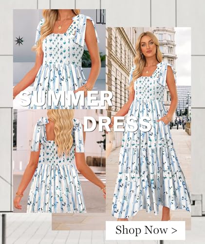 Image of CURBODO Women's Summer Maxi Dress Boho Spaghetti Straps Casual Long A-line Smocked Beach Dress Square Neck Flowy Sun Dress