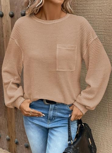 Image of Dokotoo Womens Waffle Knit Tops 2026 Oversized Long Sleeve Crewneck Shirts Business Casual Blouses Basic Shirts