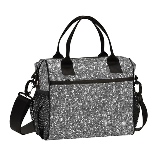 Kcldeci All-purpose Reusable Carrying Bags Lunch Bag Women Men Kids Silver Glitter Grey Shimmer Tinsel Bling Large Insulated Lunch Box for Work Adult