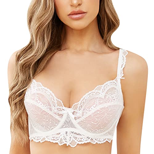 Women's Lace Balconette Bra Underwire Non-Padded Soft Cup Comfort Everyday Bras(White,38B) #TOP4