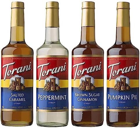 Fall Winter Syrup 4 Pack, Pumpkin Pie, Peppermint, Salted Caramel & Brown Sugar Cinnamon Coffee Flavoring