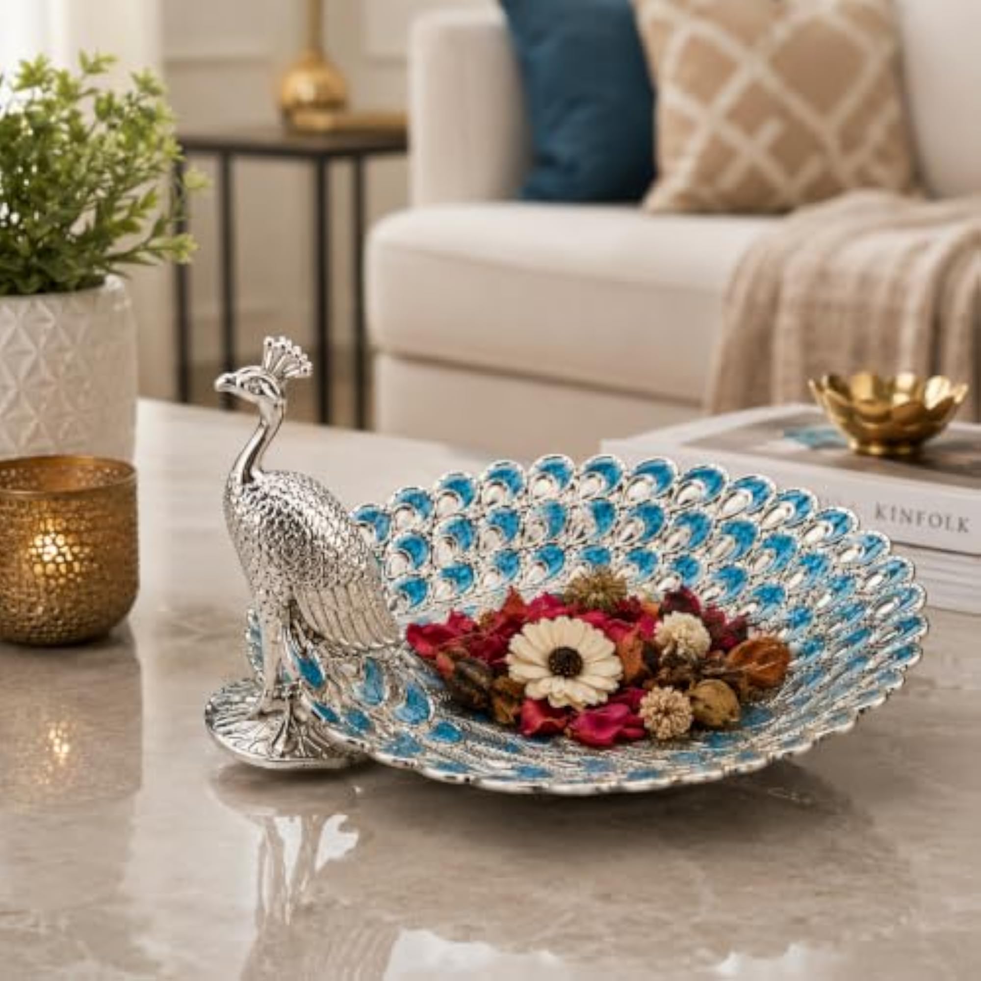 Premium German Silver Peacock Tray, Decorative Serving