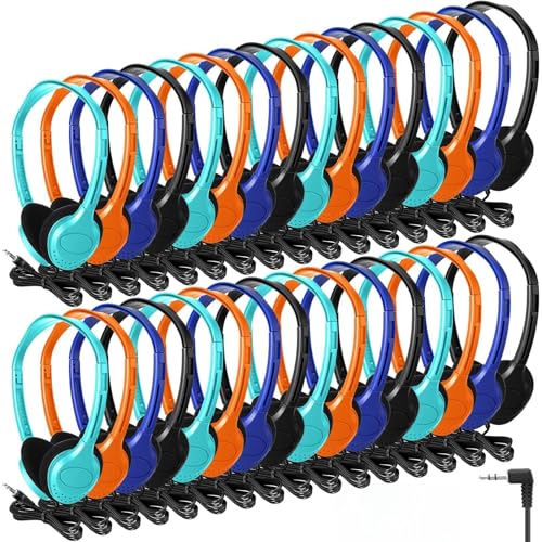 Hoteam 100 Pack Headphones for Classroom Bulk Students Adjustable Headphones Wired Pack Black Over the Head Earphones with 3.5 mm Plug for School Library Museums Charity Donate (Multicolor,Novelty)