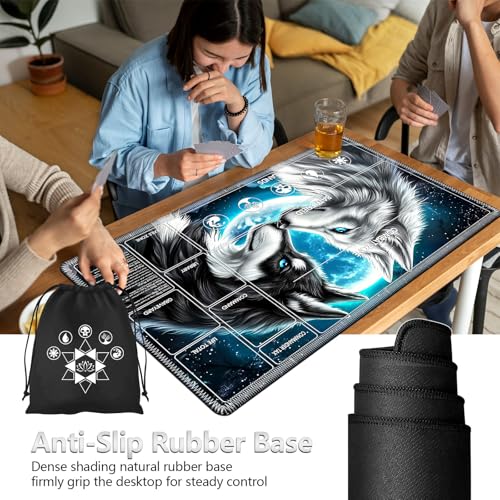 Image of for MTG Playmat with Card Storage Bag,Non-Slip Rubber Base & Smooth Surface 24x14in,Beginner-Friendly Magic Mat for Commander Deck,Black White Wolf Moon