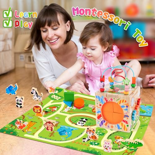 Image of Wooden Activity Cube Toddler Montessori Learning Toys for 1 2 3 Year Old