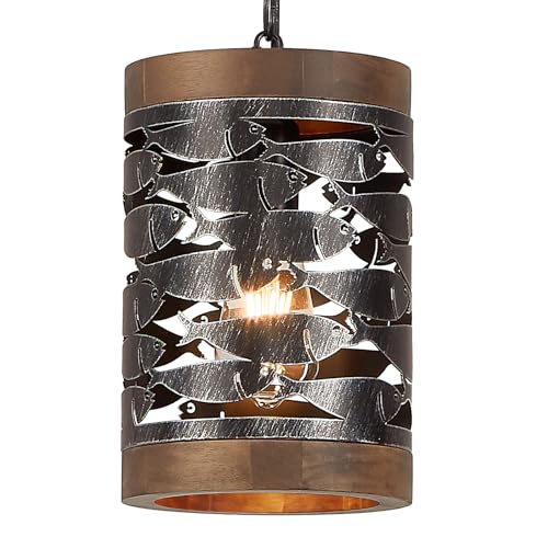 Farmhouse Fish Pendant Light Fixtures,Rustic Wood & Metal Hanging Chandelier