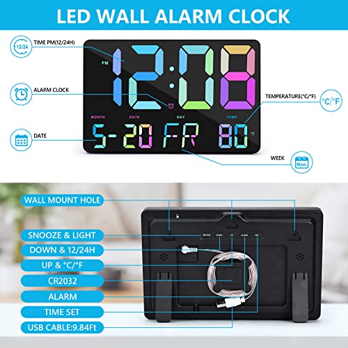 Amgico Digital Wall Clock,11.5" Rainbow Colored Led Digital Clock Large Display With Remote Control,Adjustable Brightness Clock With Temperature, Snooze, 12/24H, Alarm Clock For Bedroom,Office,Elderly #TOP6