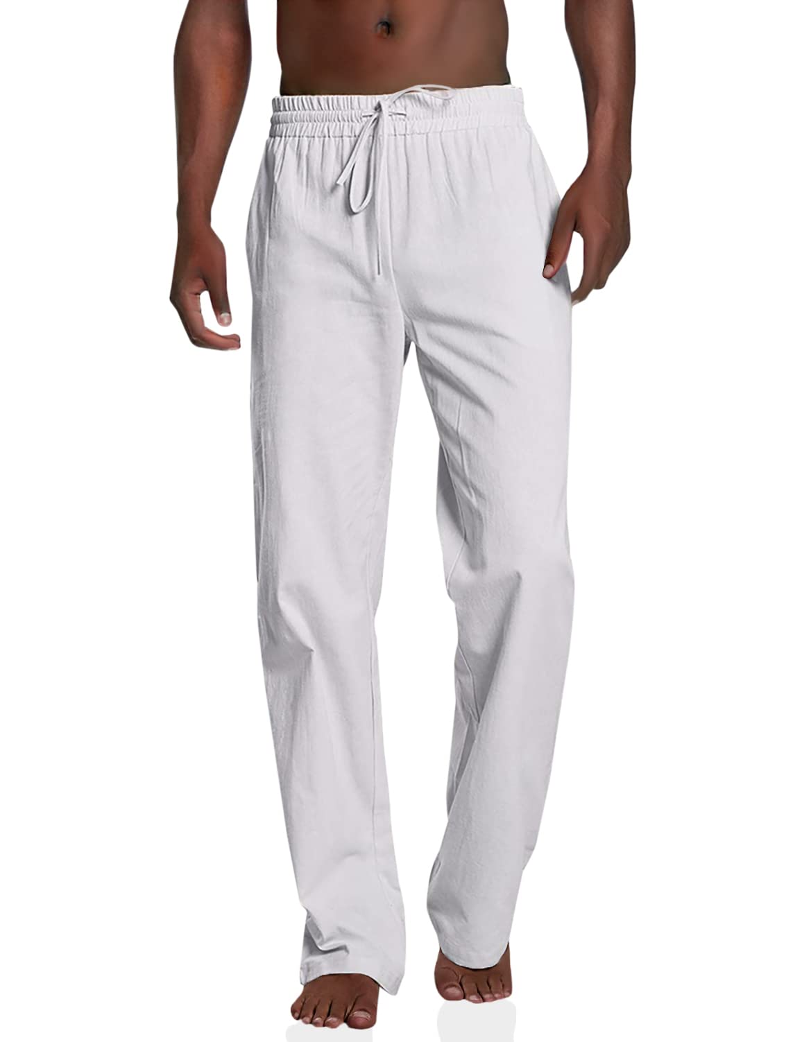 Enjoybuy Men Linen Drawstring Pants Beach Golf Elastic Waist Spring Long Casual Loose Summer Yoga Cotton Jogger Trousers 1