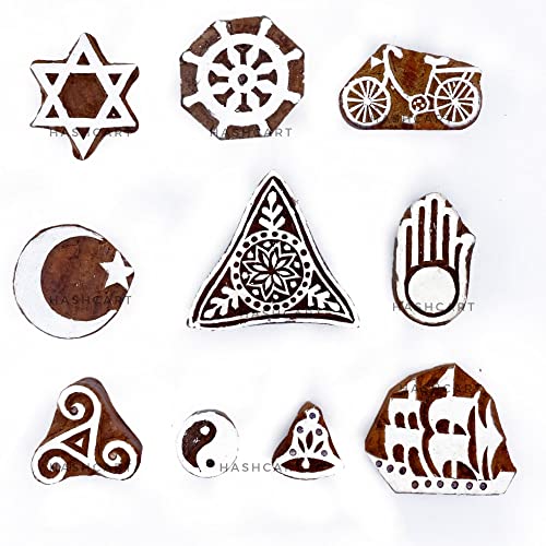 Image of Set of 10 | Handmade Wooden Multi Shape Wooden Block Stamps Tattoo Handcarved Indian Textile Printing Blocks for Crafting on Fabric, Card, Pottery, Clay & Henna