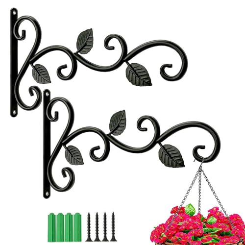 MEISO 2 Pezzi Staffa per Piante da Parete, Ganci da Parete per Piante, Staffe a Muro In Ferro Battuto, per Cesto di Piante, Vasi di Fiori, Lanterne e Mangiatoie per Uccelli e Campanelle (Nero)