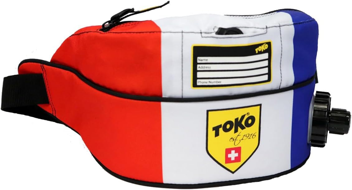 TOKO Insulated Drink Belt – 1 Liter Liquid Storage Compartment – Additional Pocket for Wax or Keys – Machine Washable – Attached Mini LED Flashlight – Red White & Blue