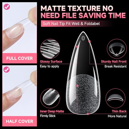 Image of UNA GELLA Long Stiletto Gel Nail Tips Full Cover Half Matte 120pcs | Long Stiletto Almond Fake Clear Nails Tips S tiletto Press on Nails for Nail Extensions Home Nail Art Salon 12 Sizes