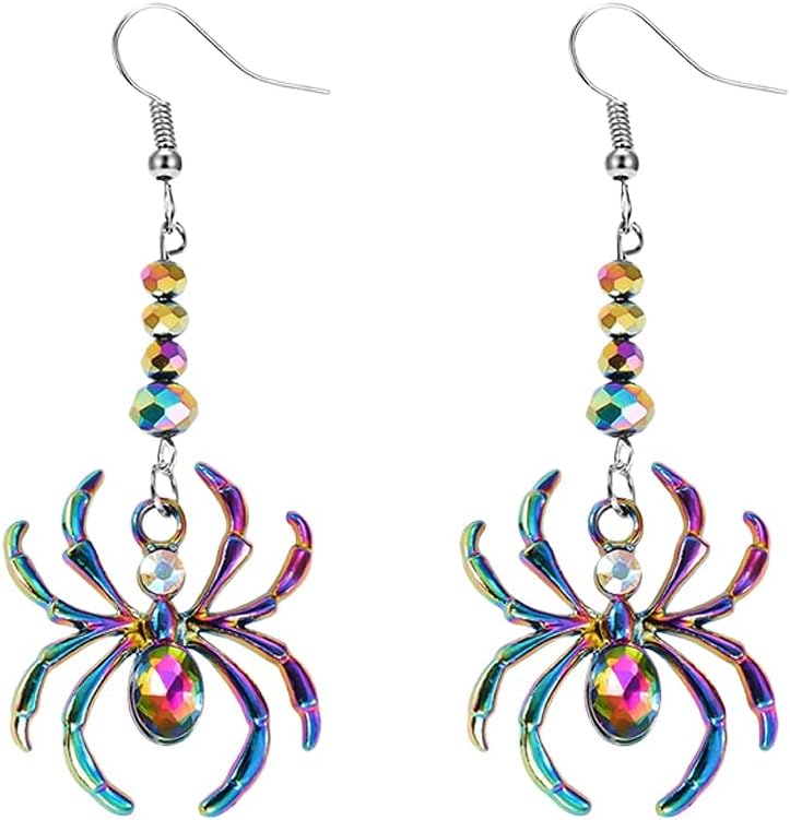 Creative Crystal Spider Dangle Earrings for Women Cute CZ Insect Halloween Statement Charms Drop Fish Hook Dangling Earring Lightweight Holiday Costume Accessories Jewelry