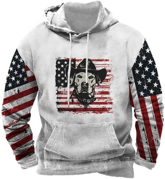 ZOCAVIA American Flag Hooded Sweatshirts for Men USA Flag Graphic Hoodies Drawstring Western Pullover Shirts Tops With Pocket