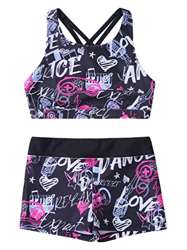 Girls Kids Swim/Gymnastics/Ballet/Dance/Sports 2 Pcs Outfit Crop Tanks Top with Booty Shorts Tracksuit