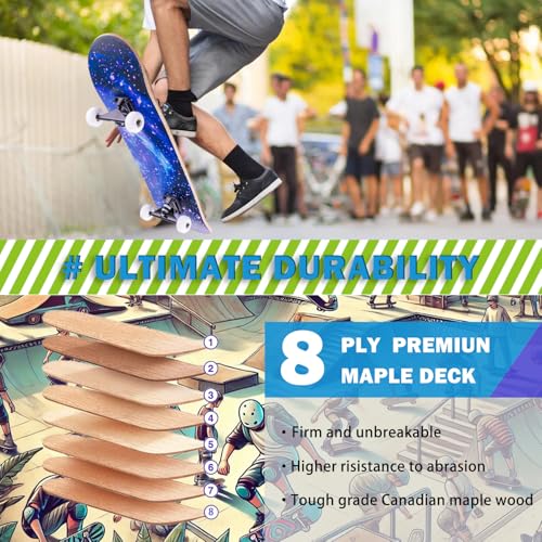 Miniatura 4 de Monopatín Cruiser Completo De 31 X 8 Pulgadas Para Principiantes, Madera De Arce De 8 Capas, Rodamientos Abec-11, Doble Cubierta Concava Para Jóvenes Y Adultos Blue-Sk