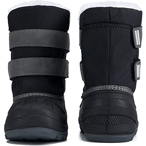 Morendl Kids Snow Boots Boys & Girls Waterproof Insulated Winter Boots Cold Weather Warm Lightweight Non-Slip Faux Fur Hiking Black Boots Double Grey Straps Size 11（Us Little Kids） #TOP4