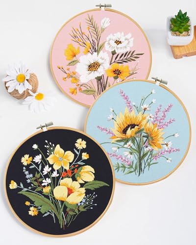 Image of Santune 3 Pack Flower Embroidery Kit for Beginners Adults Cross Stitch Needlepoint Kits Hand Craft with Plant Patterns,3 Instructions,1 Hoop,Threads and 6 Needles