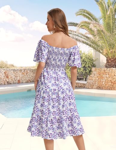Image of Bbonlinedress Womens Casual Floral Summer Smocked Beach Party Boho Midi Square Neck Dress